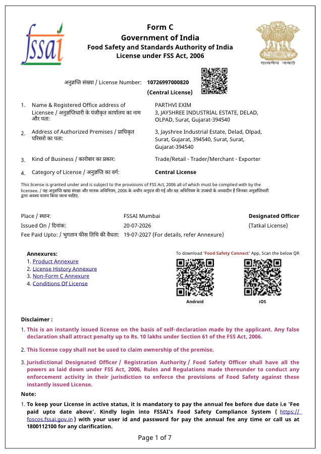 First page of Parthvi Exim FSSAI License