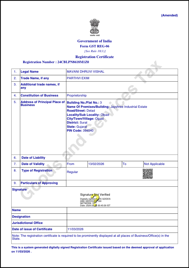 First page of Parthvi Exim GST Registration Certificate