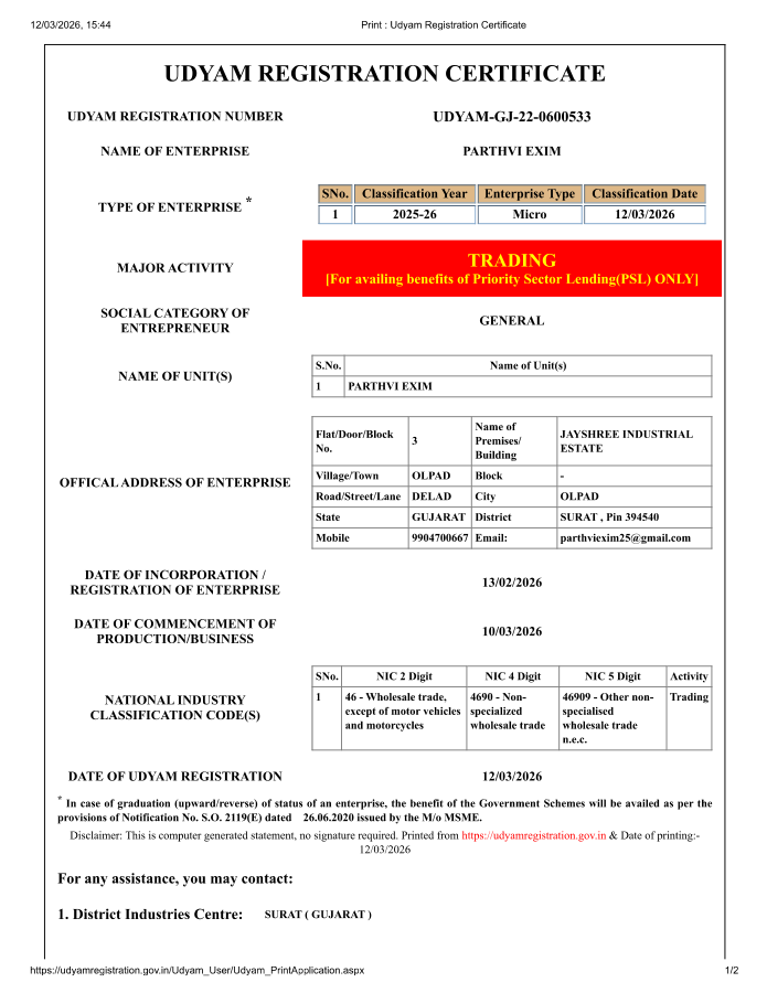 First page of Parthvi Exim Udyam Registration Certificate